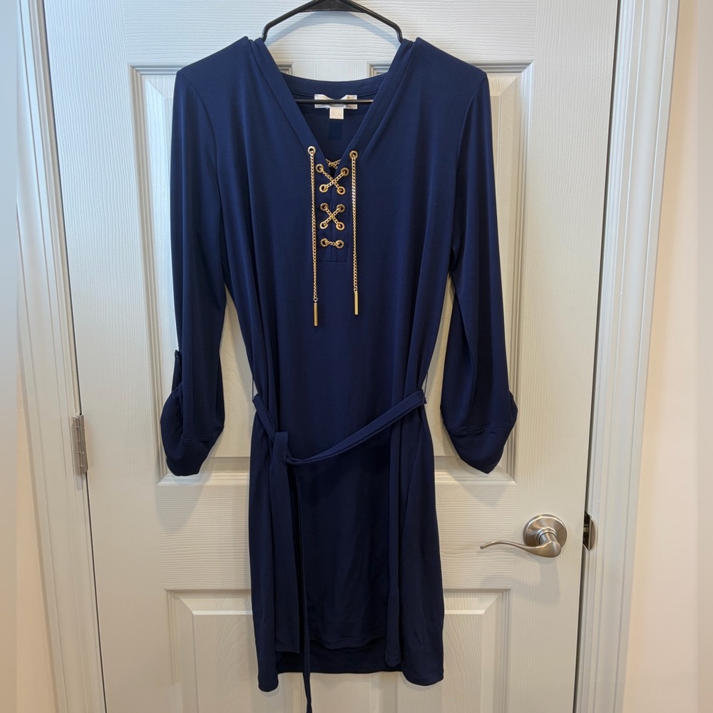 Michael Kors Deep Blue Lace-Up Long Sleeve Dress